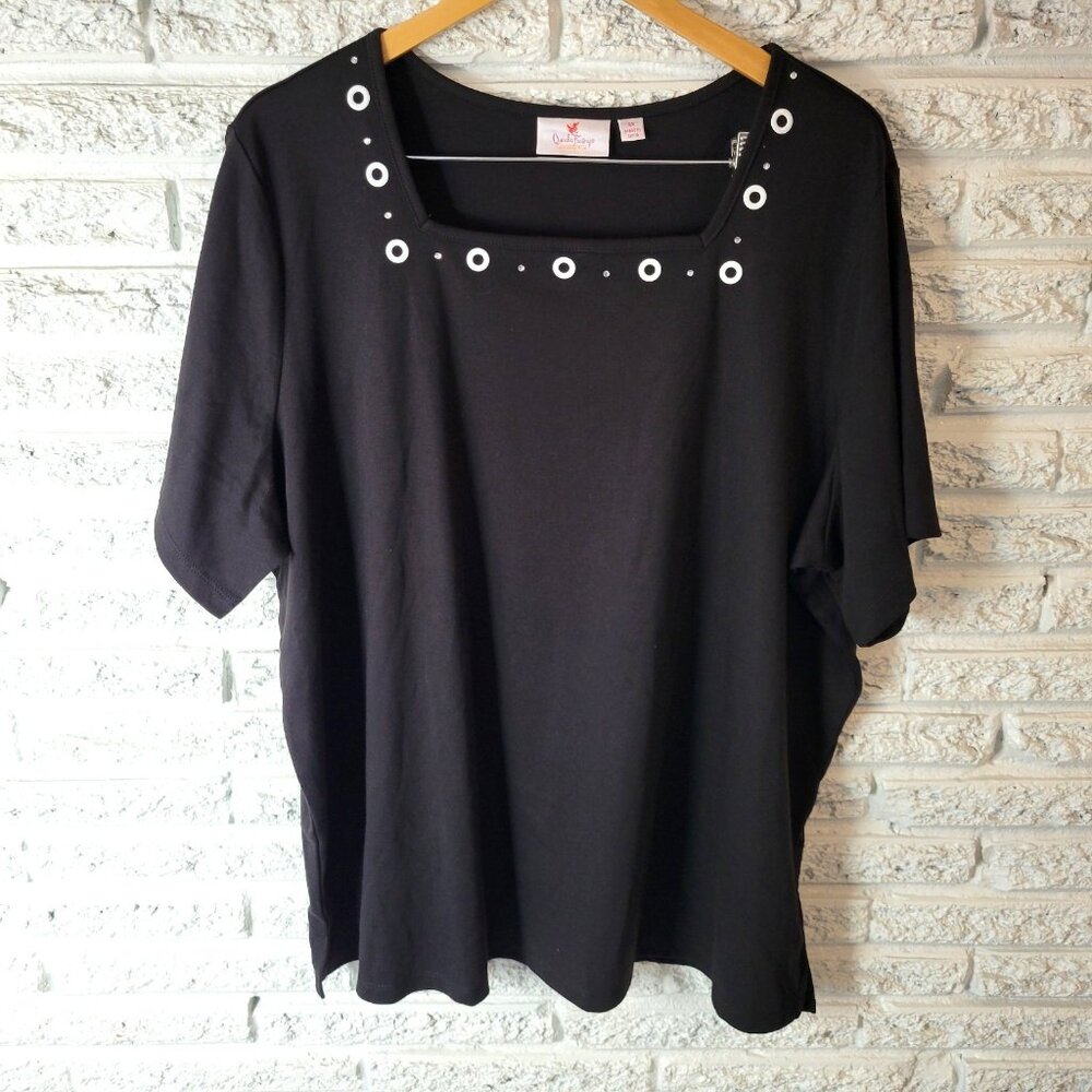 Quacker Factory Women's 3X Plus Tunic Black Top Rhinestone Square Neck BLA91E